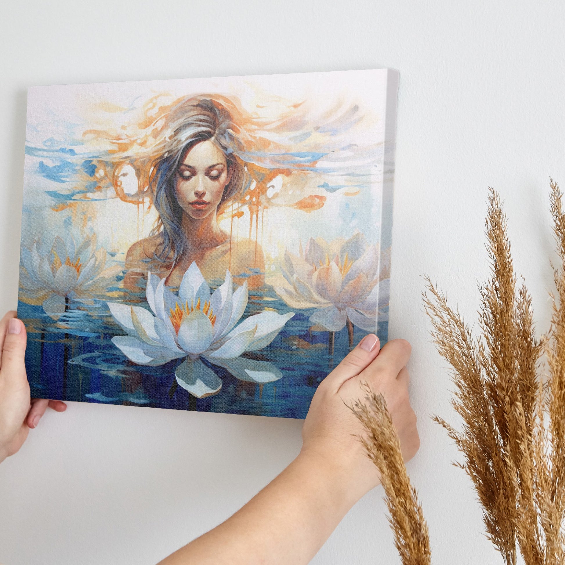 Framed canvas print of an ethereal woman with lotus flowers in serene water