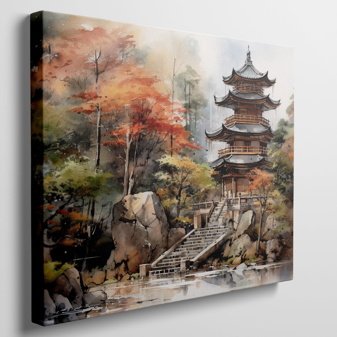 Watercolour canvas print of a Japanese pagoda in an autumnal setting with vibrant fall foliage