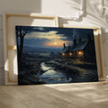 Framed canvas print of a tranquil rural cottage scene at dusk with reflections in a stream