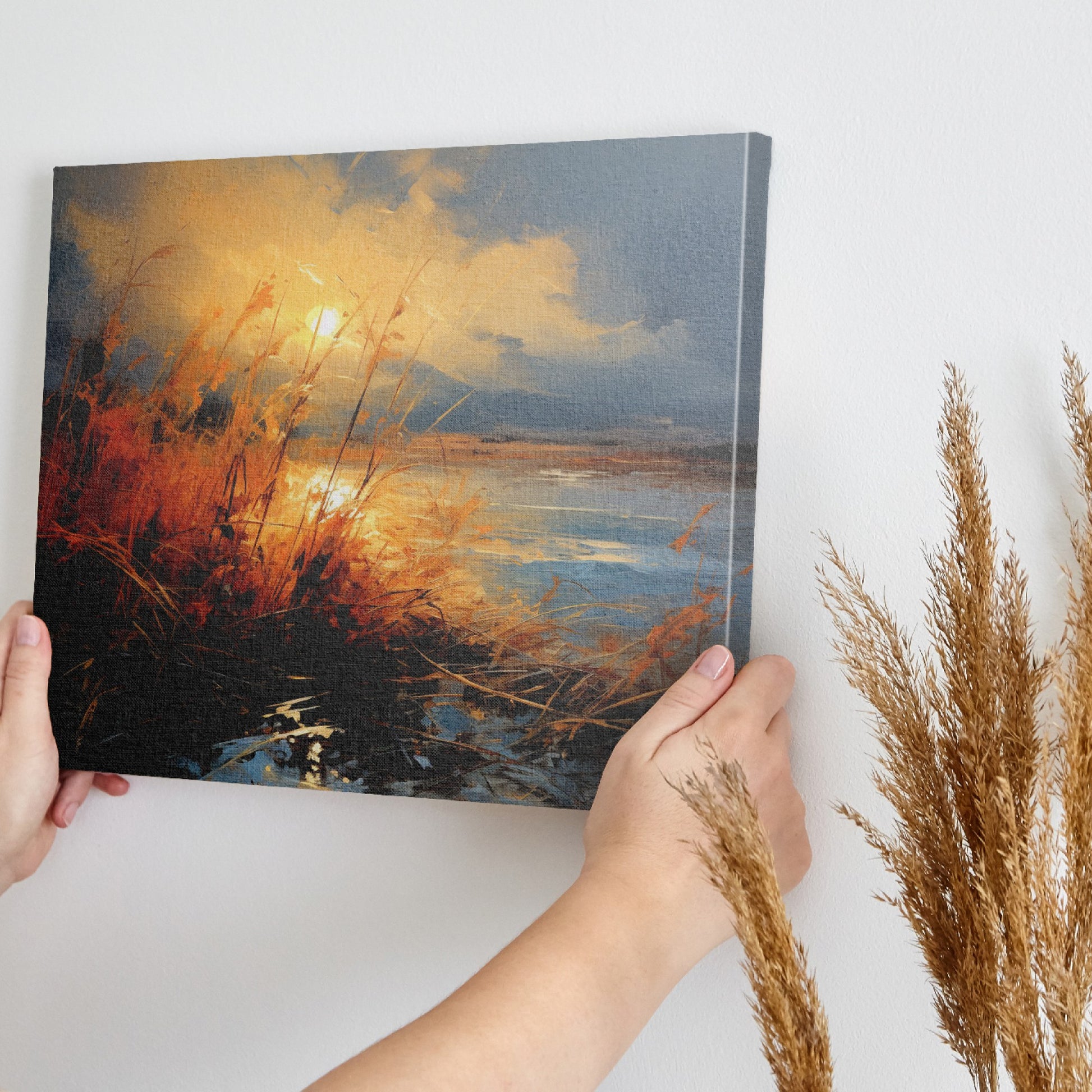 Framed canvas print of impressionist sunset with vivid brushstrokes in golden and blue