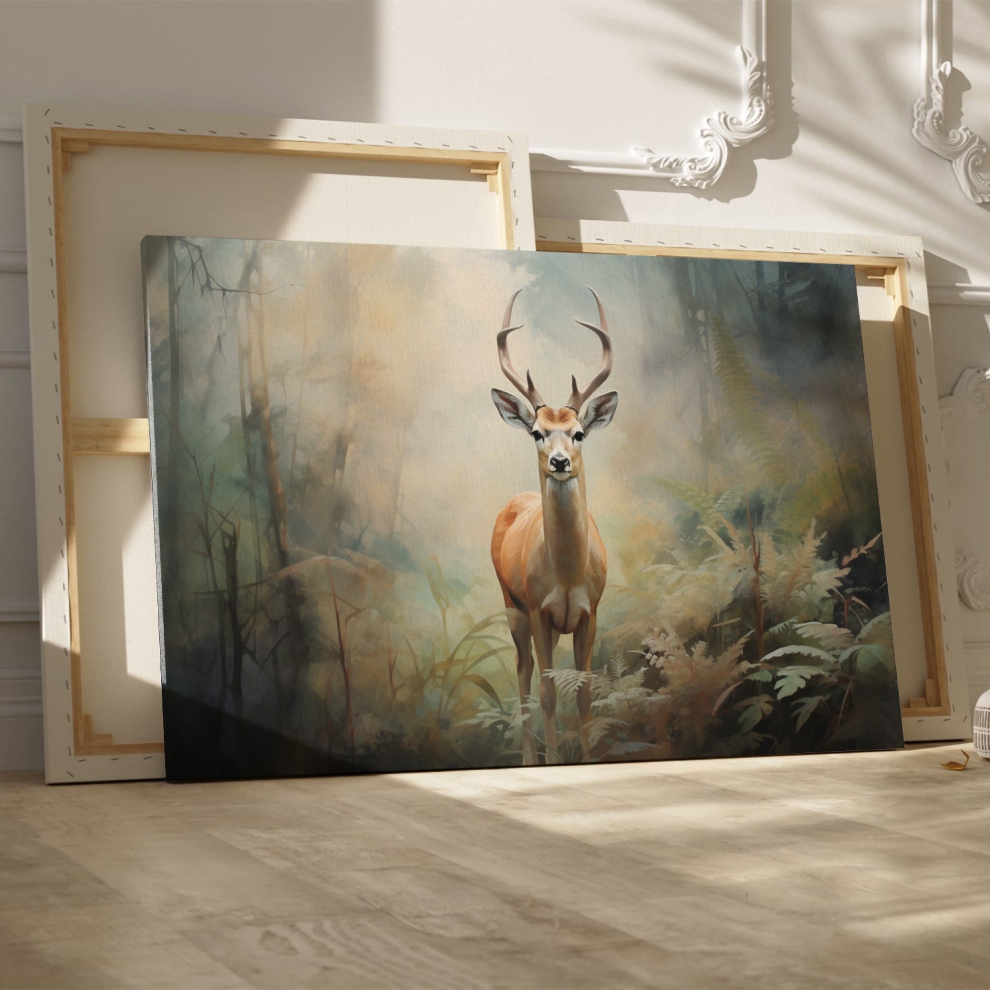 Framed canvas print of a majestic stag in a misty forest setting