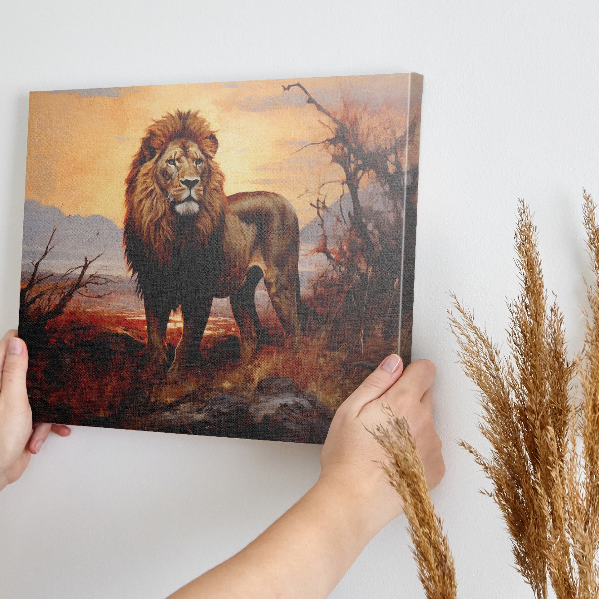 Framed canvas print of a majestic lion in an African savannah sunset