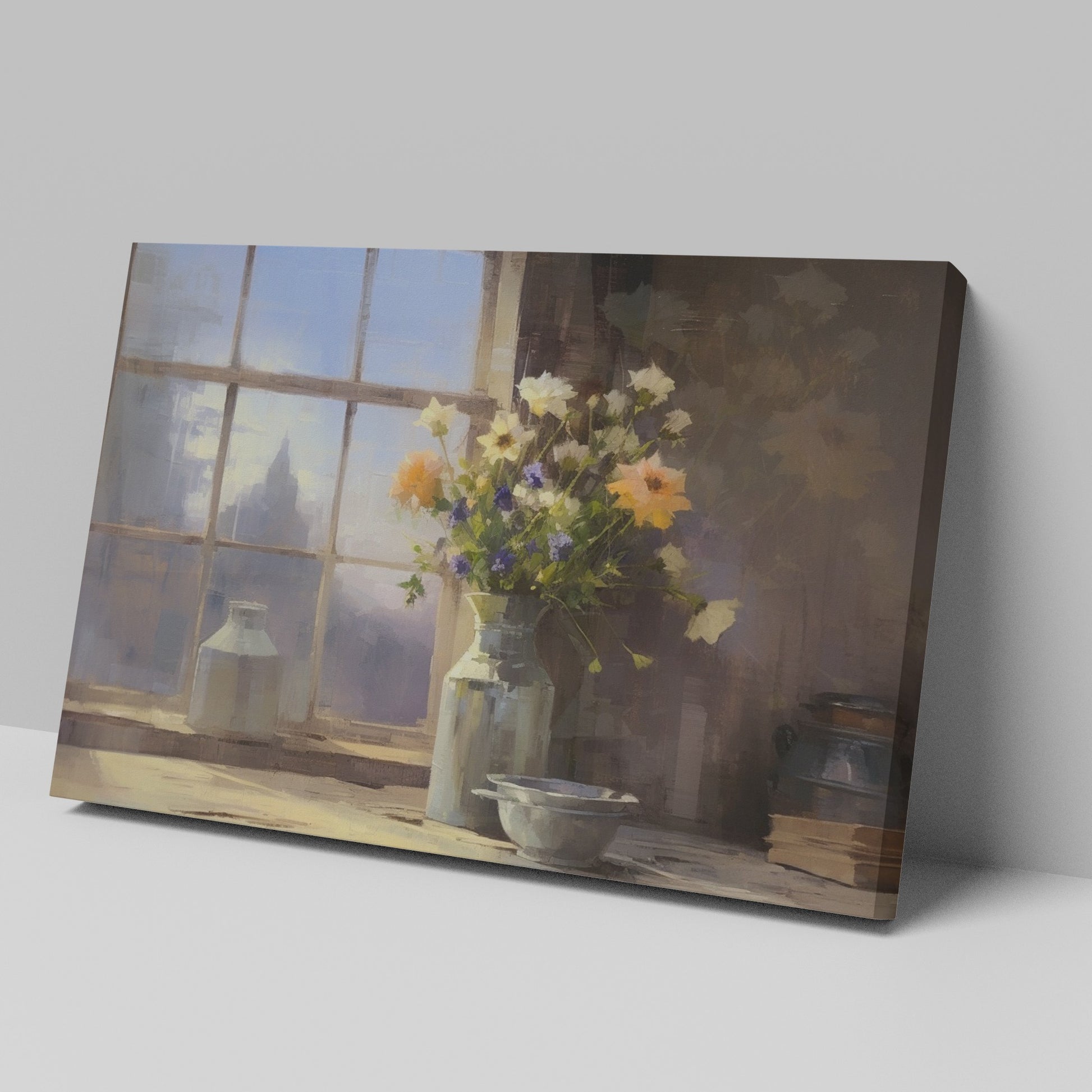 Framed canvas print of a rustic wildflower bouquet on a window sill, with soft morning light