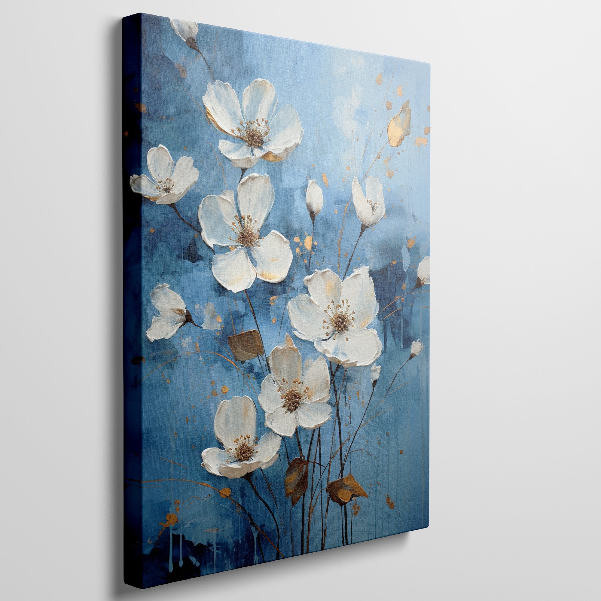 Framed canvas print of contemporary white and gold flowers on a blue background