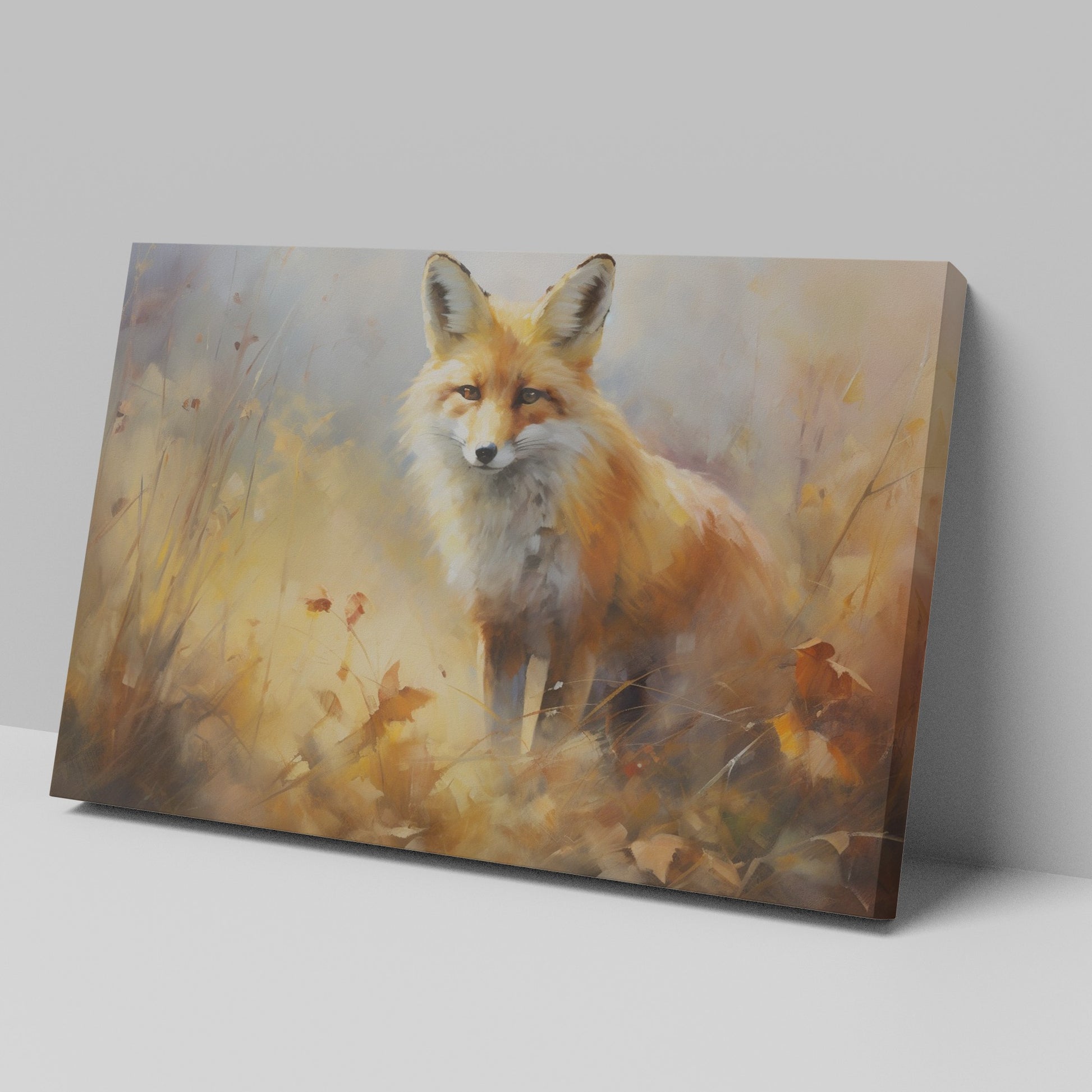 Framed canvas print of an impressionist painting of a fox set against the backdrop of golden autumn leaves and soft brushstrokes