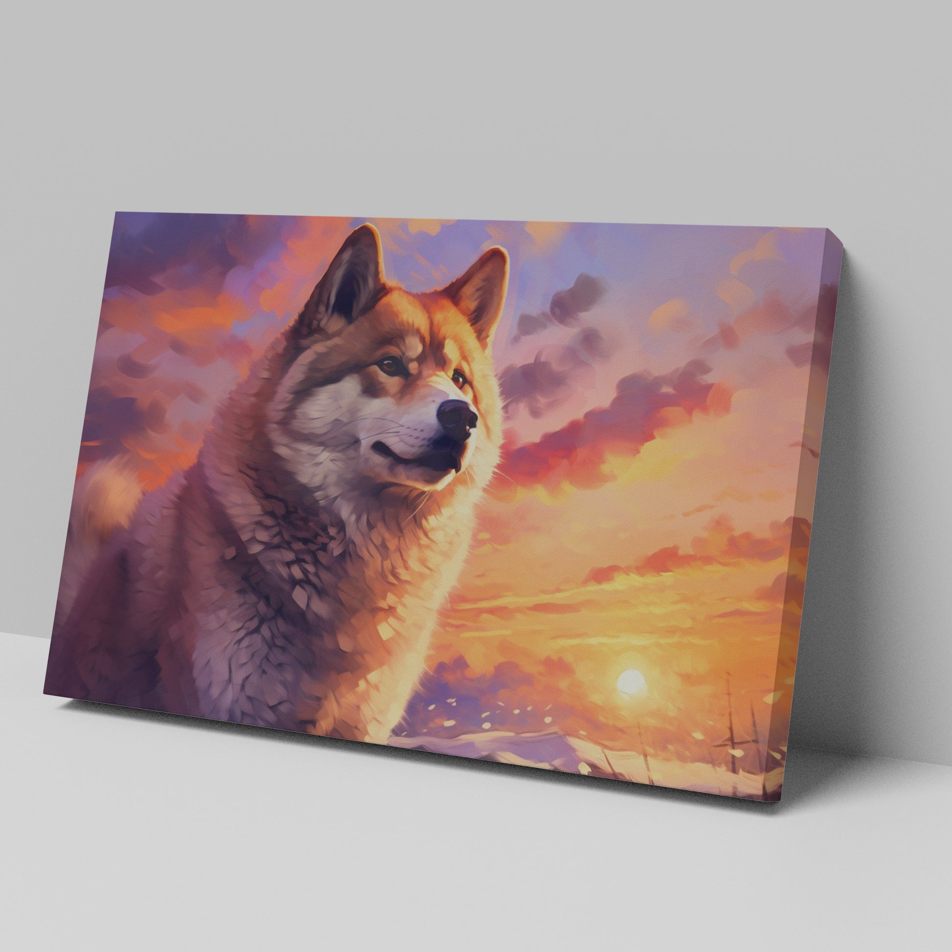 Framed canvas print of a majestic wolf against a vibrant sunset background in fiery tones