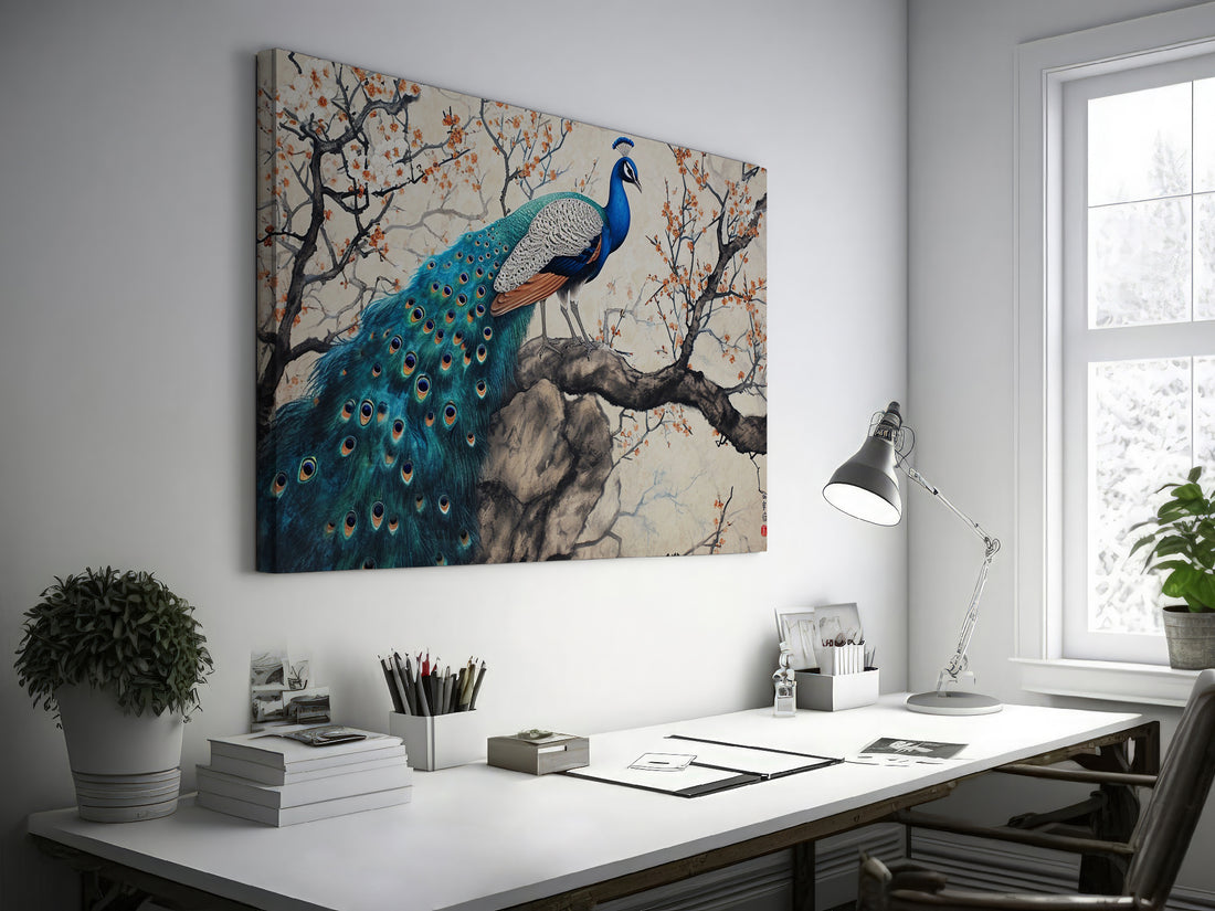 Framed canvas print of a peacock on a blossoming cherry tree with oriental art style