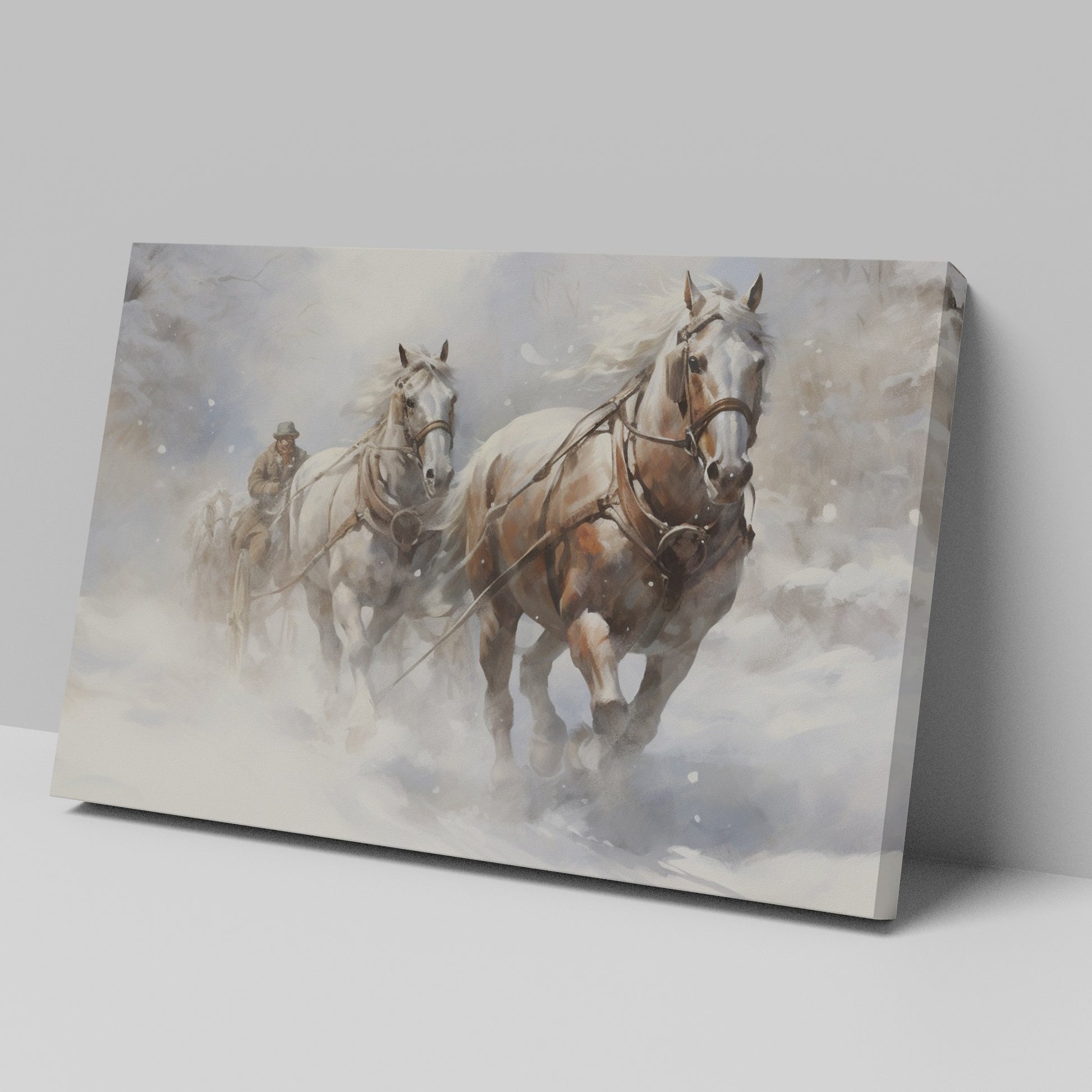 Framed canvas print of a traditional winter scene with a horse-drawn sleigh in the snow