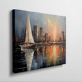 Impressionist painting of a sailboat on calm waters with a sunset reflecting off a city skyline