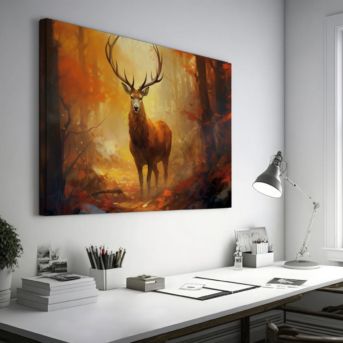 Framed canvas print of a majestic stag in a vivid autumn forest