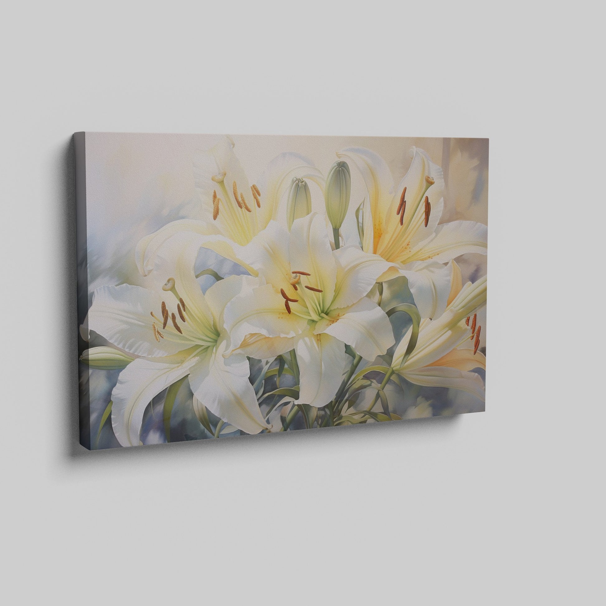 Framed canvas print of realistic white lily flowers with vibrant green foliage on a subtle background