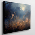 Framed canvas print of an impressionist landscape depicting a misty wilderness at sunrise with a blue and gold colour scheme