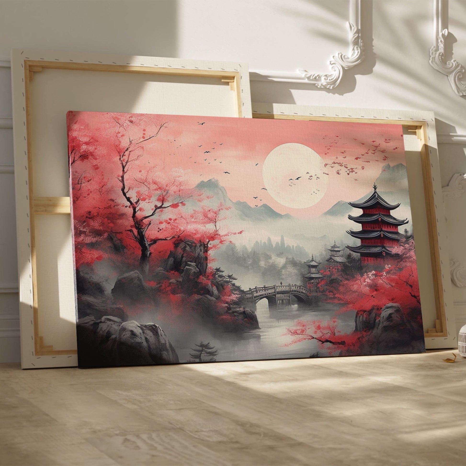 Framed canvas print of Oriental landscape with cherry blossoms and pagodas under a full moon