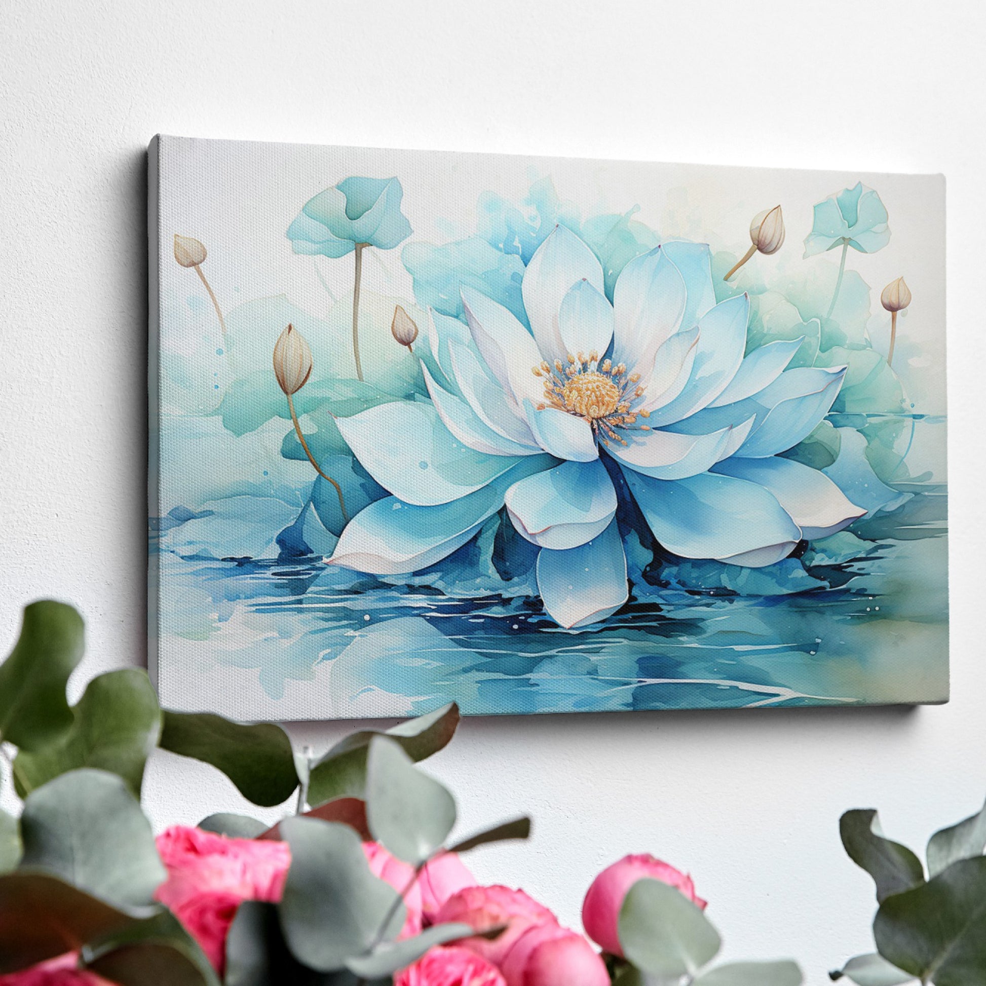 Framed canvas print of a serene watercolour lotus flower in delicate blues and whites