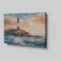 Framed canvas print of a vibrant sunset seascape with a red and white lighthouse on a cliff