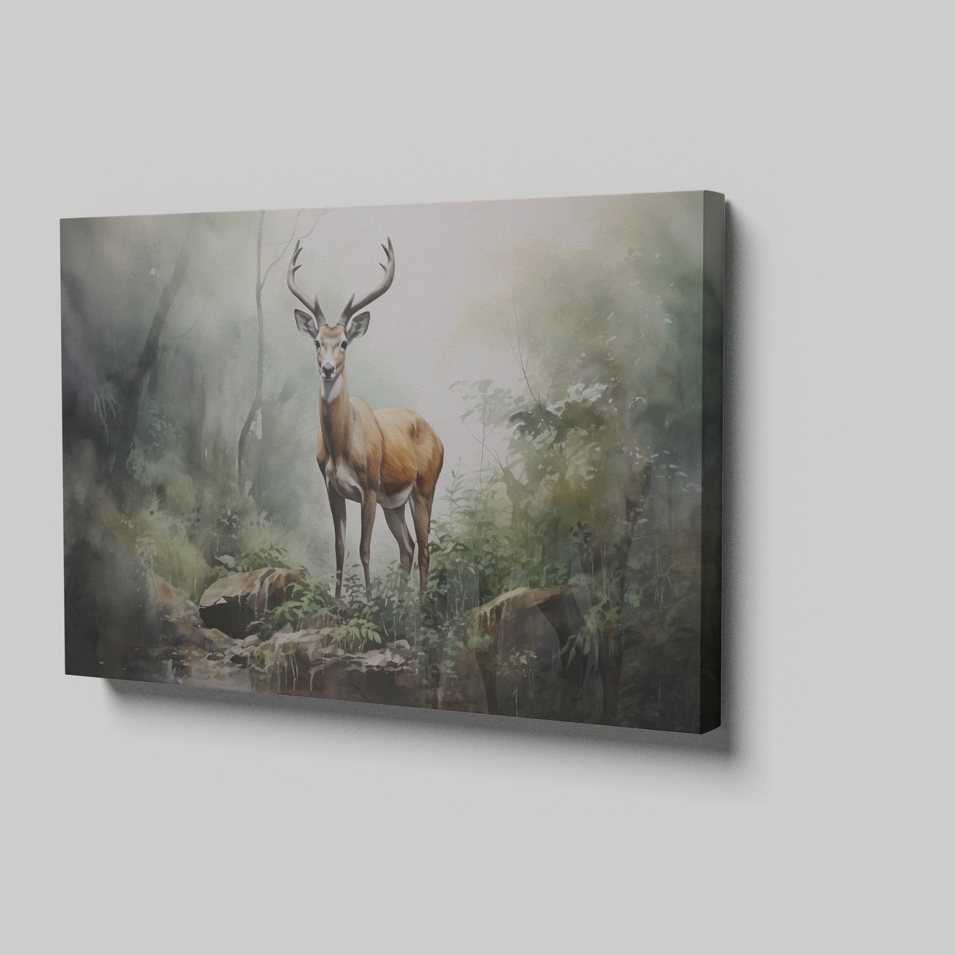 Framed canvas print of a majestic stag in a misty, ethereal forest with earthy tones