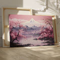 Framed canvas print of a serene pink cherry blossom scene with Mount Fuji in the background