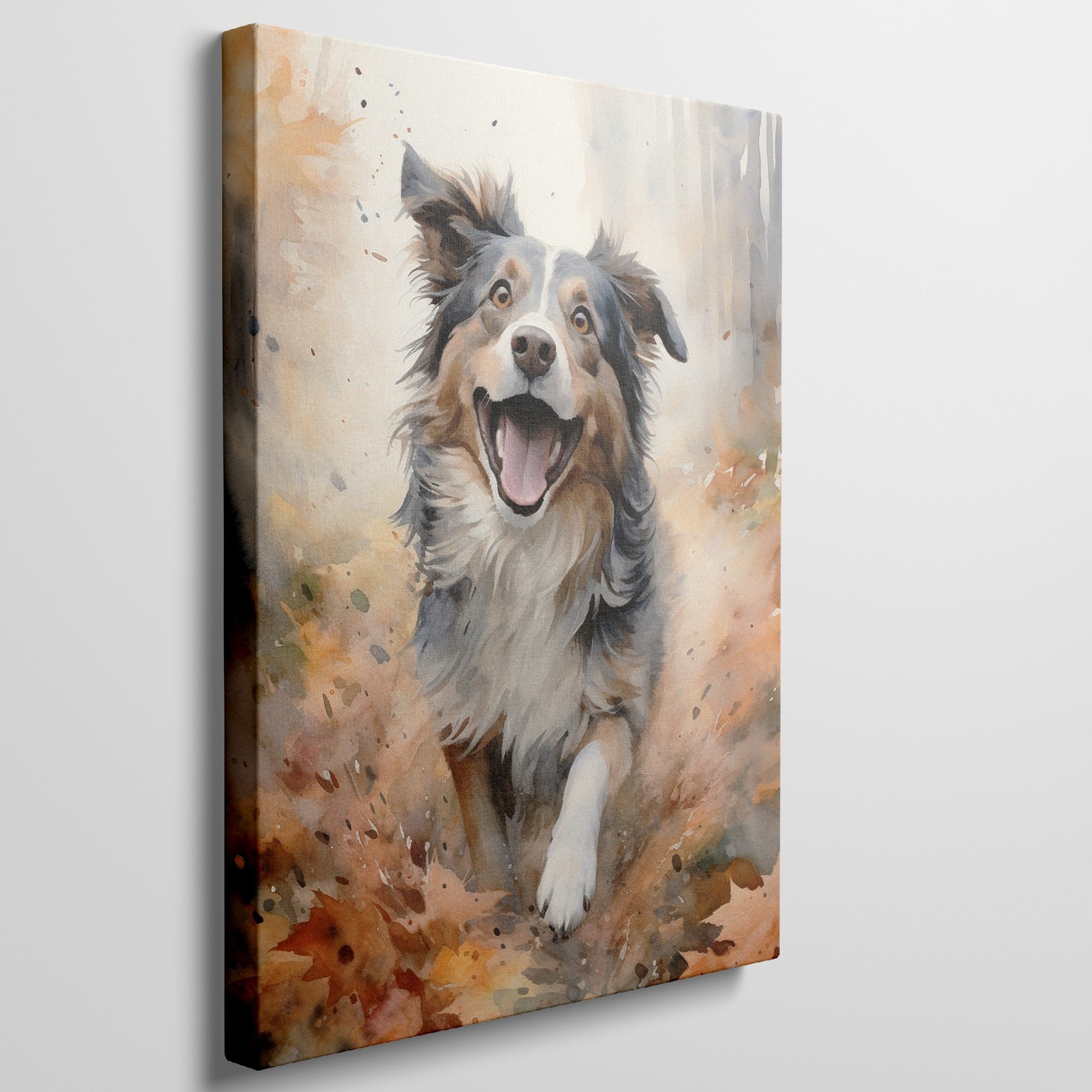 Framed canvas print of a joyful watercolour dog portrait with autumnal tones