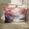 Framed canvas print of Oriental landscape with cherry blossoms and pagoda