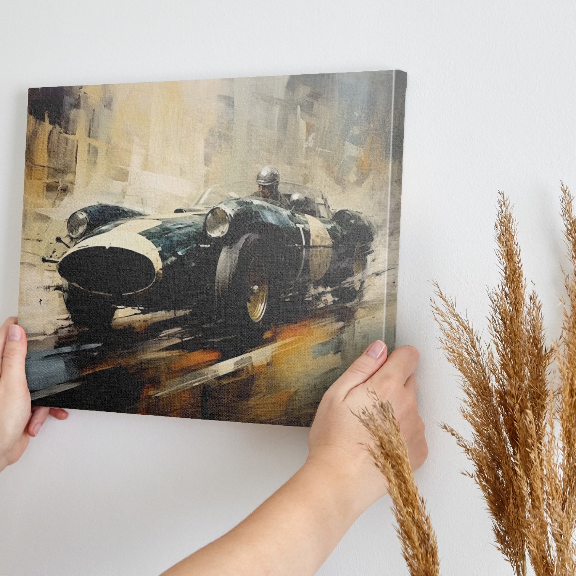 Framed canvas print of a vintage race car depicted in vibrant, artistic style