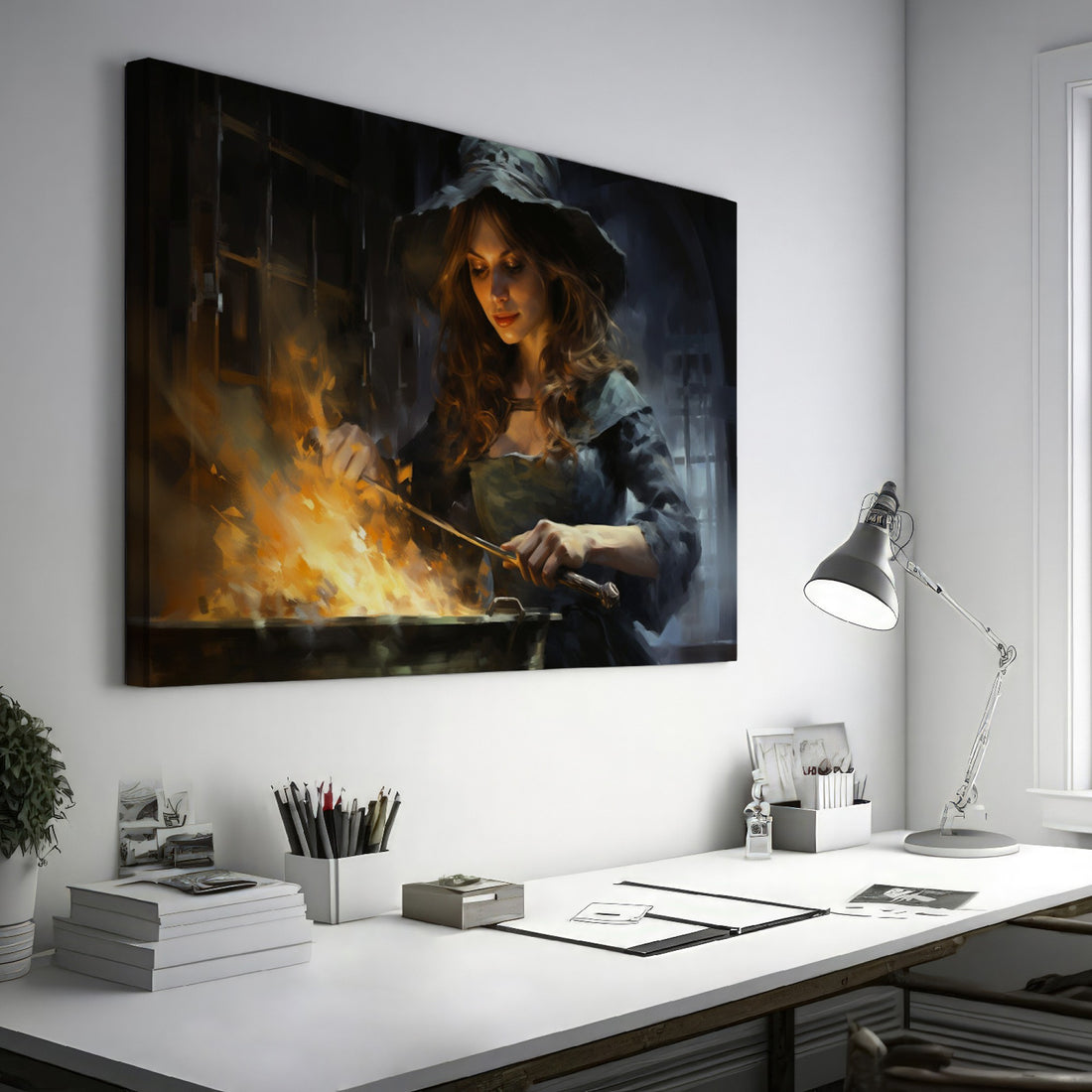 Framed canvas print of a mystical witch stirring a magical fiery brew in a gothic setting