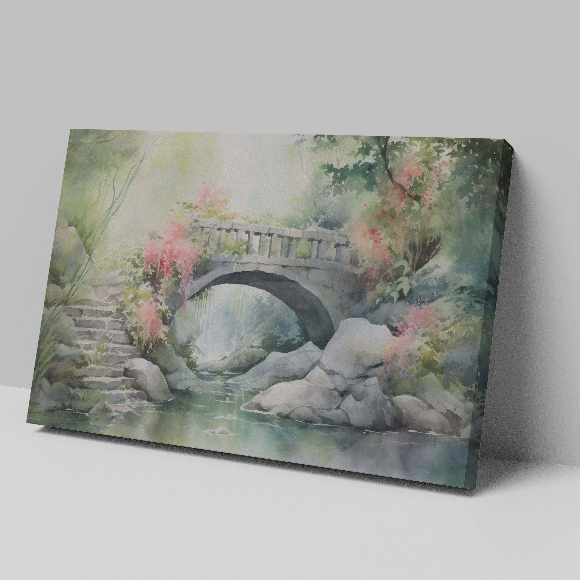 Framed canvas print of a serene stone bridge over a stream in a misty garden with lush greenery and flowering plants