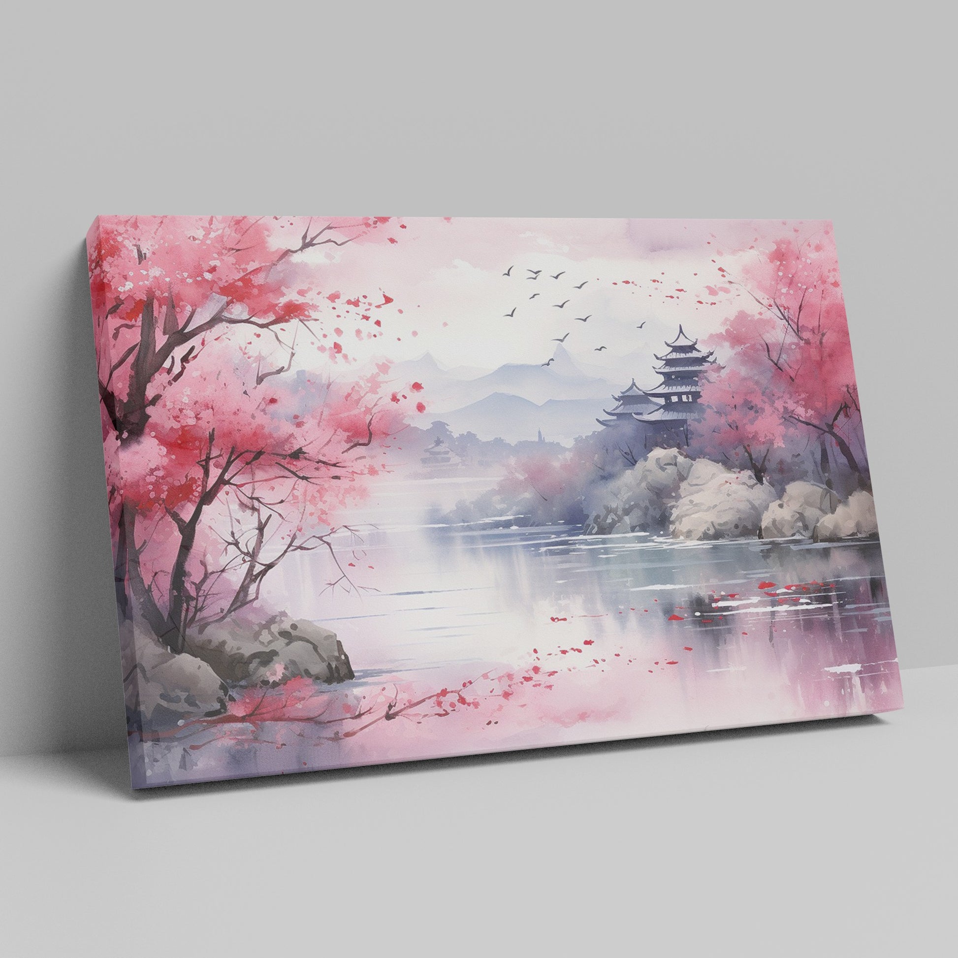 Framed canvas print of Oriental watercolour landscape with pink cherry blossoms, serene lake, and pagoda