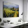 Framed canvas print of Tuscan vineyard and countryside landscape with vibrant colours and rustic farmhouses