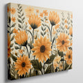 Framed canvas print of golden sunflowers and green foliage on a neutral background