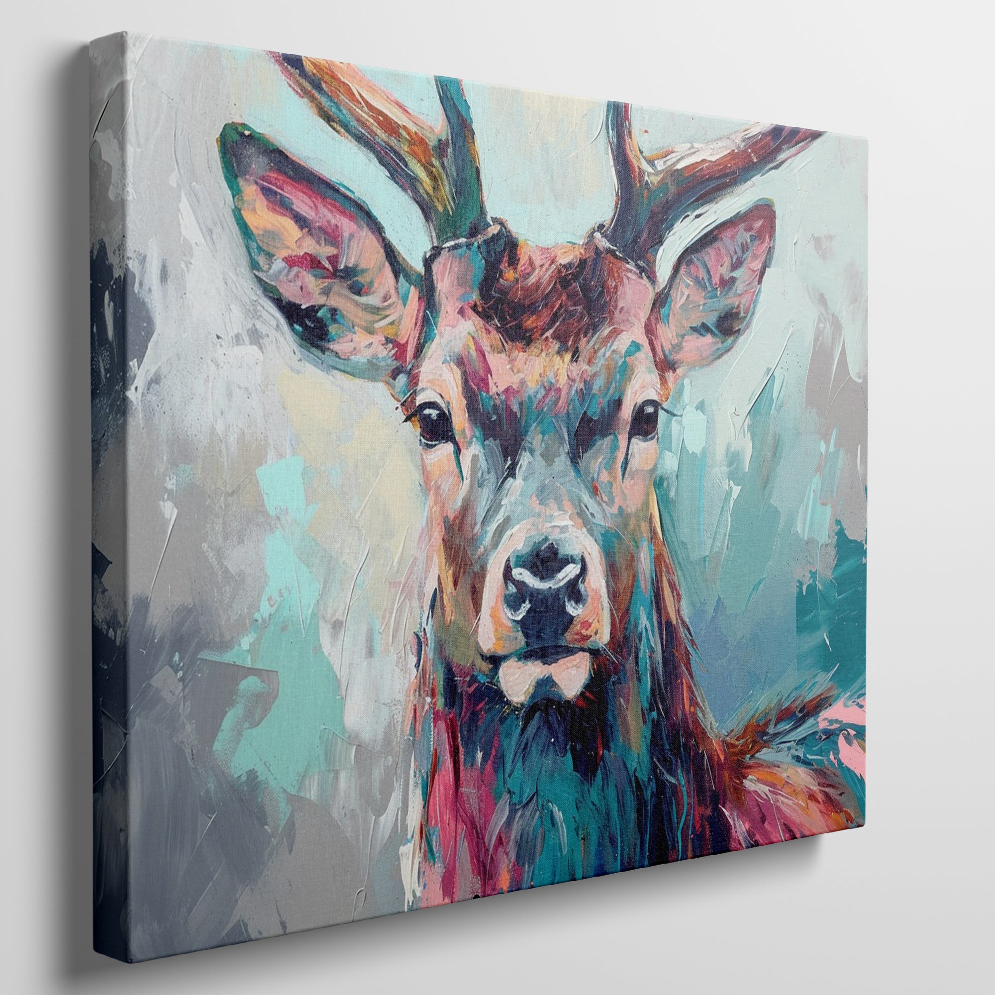 Framed canvas print of a colourful abstract stag with vivid brushstrokes