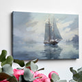 Framed canvas print of an impressionistic painting of a sailboat in a misty seascape setting