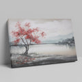 Framed canvas print of a serene landscape painting showcasing a vibrant red tree against a monochrome backdrop with flying birds