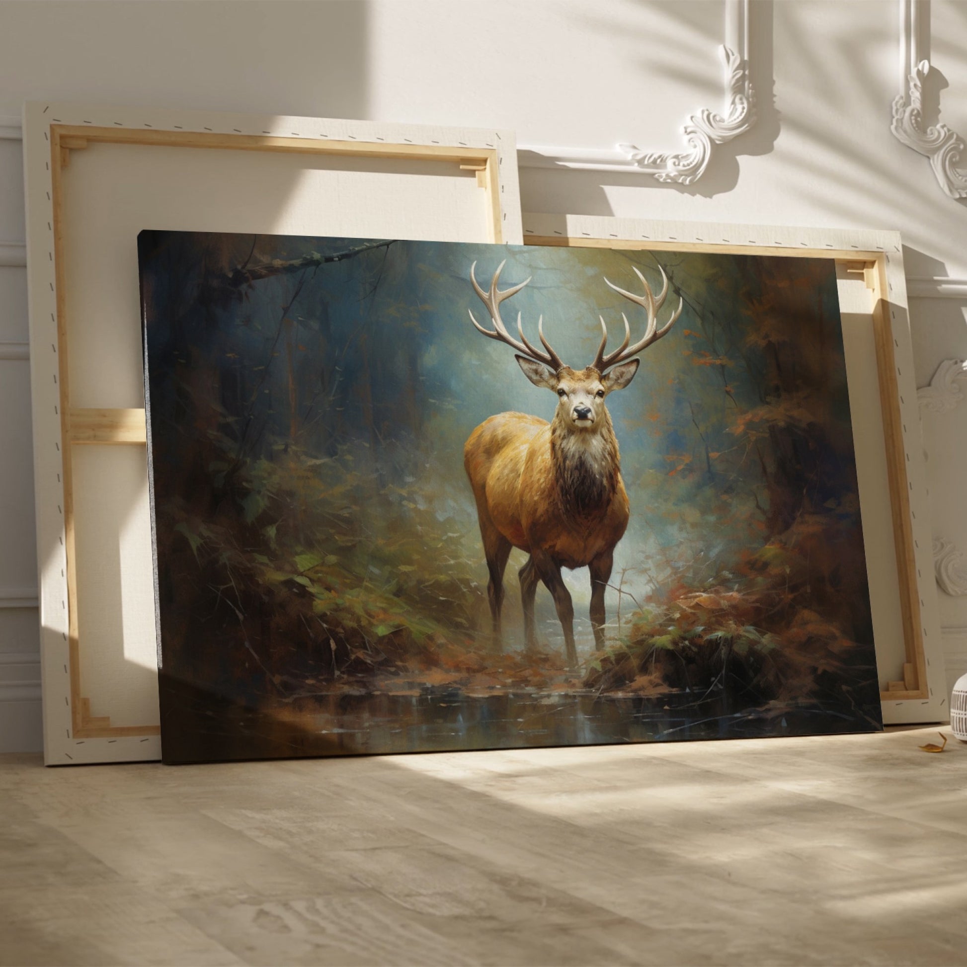 Framed canvas print of a majestic stag in an autumnal forest with rich earthy colours