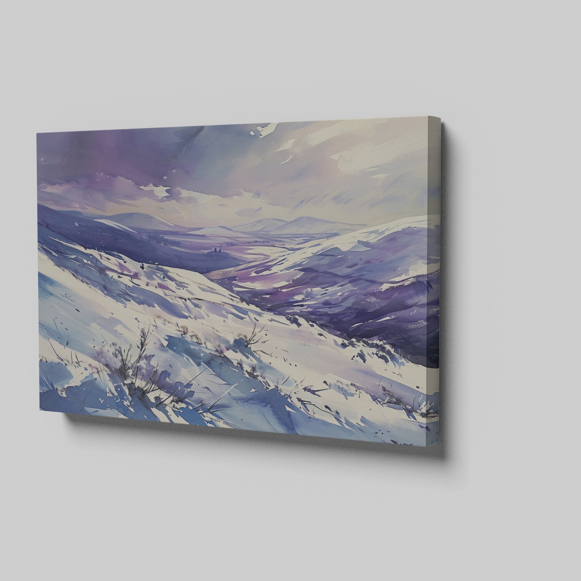 Framed canvas print of a snowy mountain landscape in watercolour with shades of purple and blue