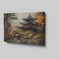 Framed canvas print of an oriental pagoda surrounded by autumn trees and reflection on water