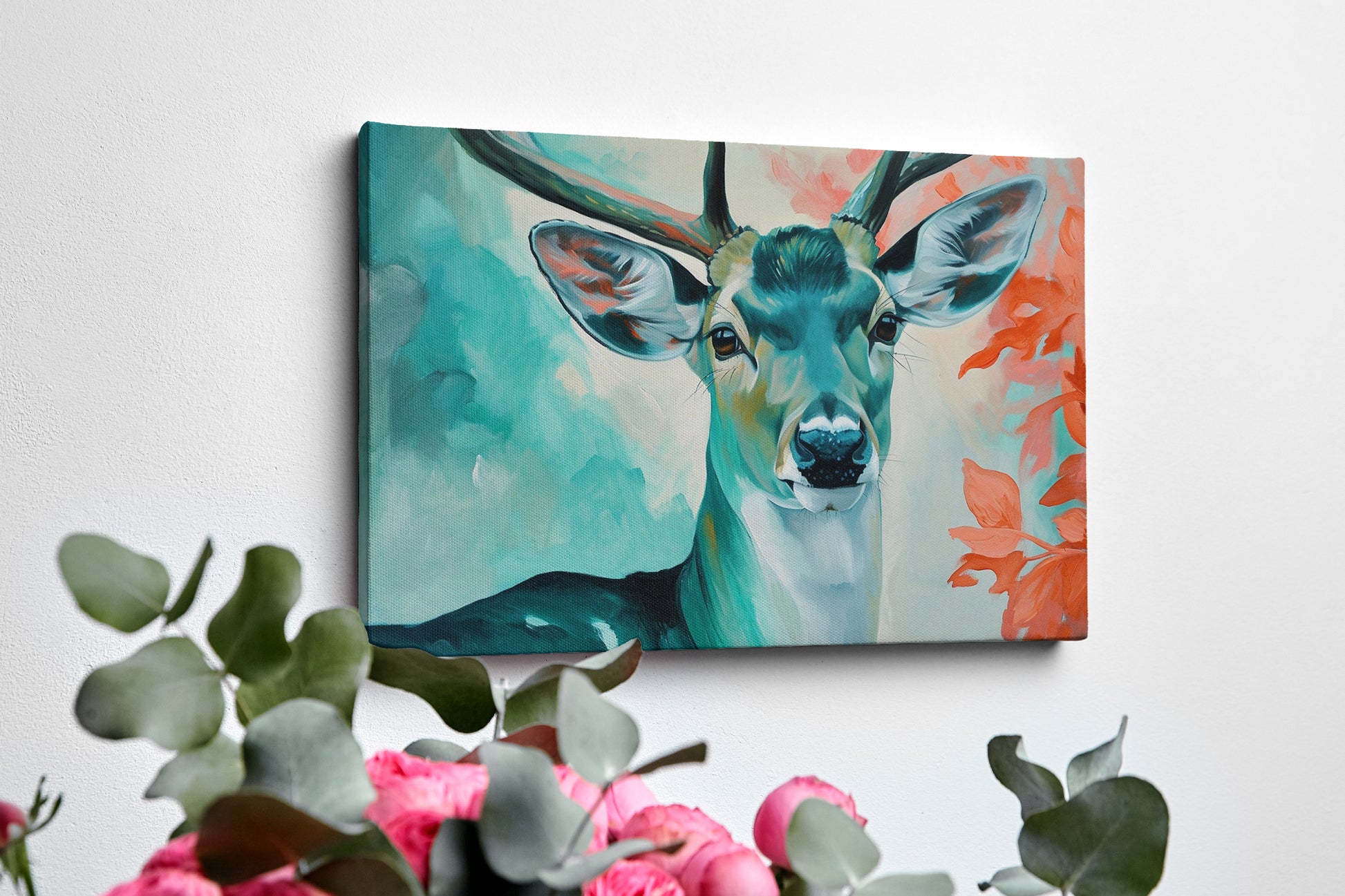 Framed canvas print of a vibrant, modern depiction of a stag with abstract elements