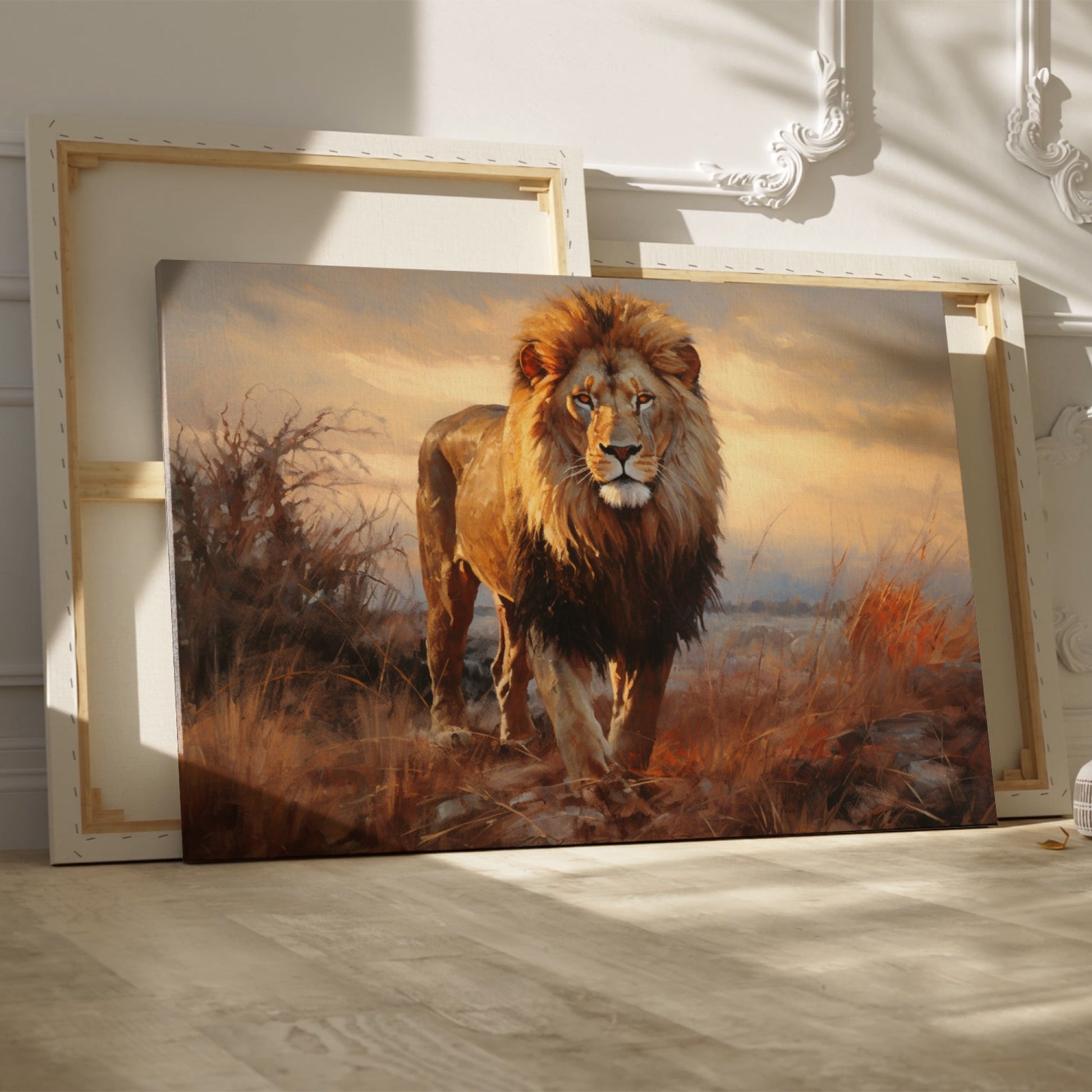 Framed canvas print of a realistic lion amidst a warm-toned African savannah landscape