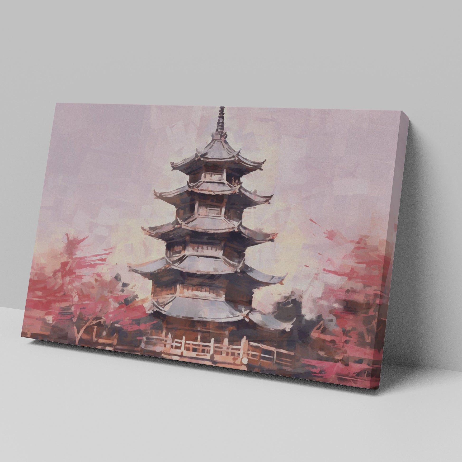 Framed canvas print of a tranquil pagoda with cherry blossoms in soft pastel hues