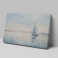 A serene painting of a sailboat on calm blue waters under a vast sky, reflecting a peaceful coastal scene.