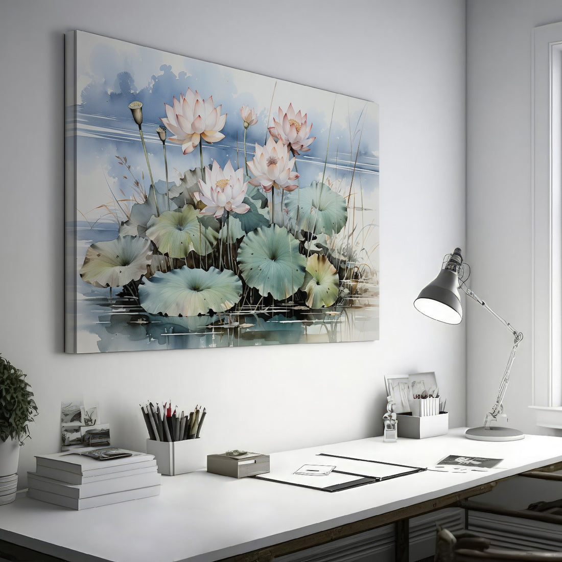 Framed canvas print of serene lotus pond with blooming flowers and gentle hues