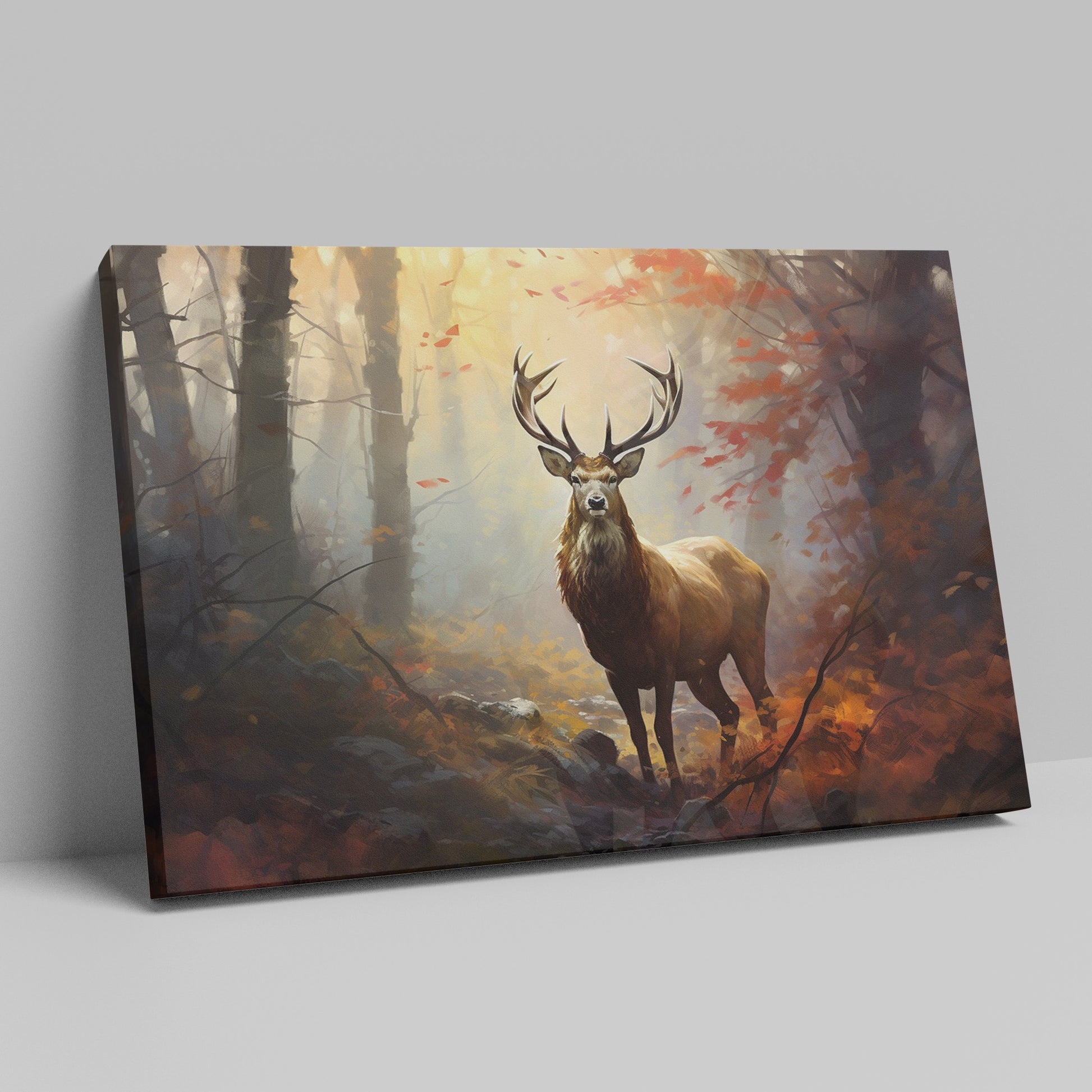 Framed canvas print of a majestic stag in an autumn forest with golden light filtering through the trees