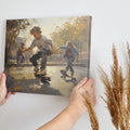 Framed canvas print capturing the movement and energy of young skateboarders at a sunlit urban skatepark