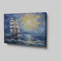 Framed canvas print of a historic sailing ship at sunset with a vibrant seascape