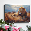 Framed canvas print of a majestic lion basking in the golden light of the African savannah