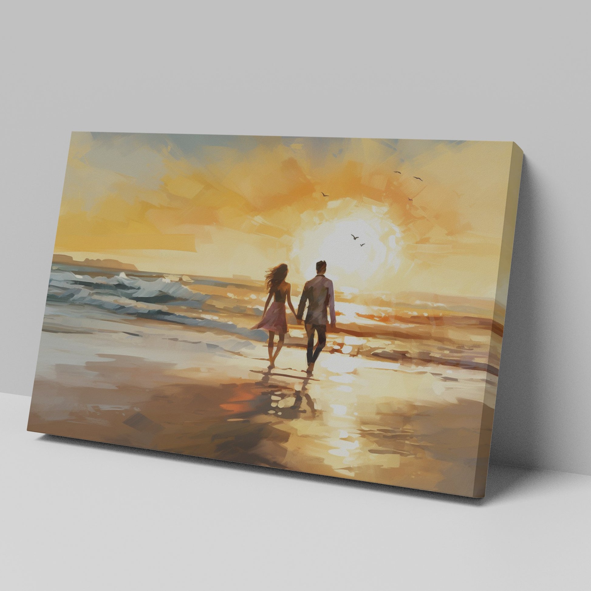 Framed canvas print of romantic couple silhouetted against a vibrant beach sunset