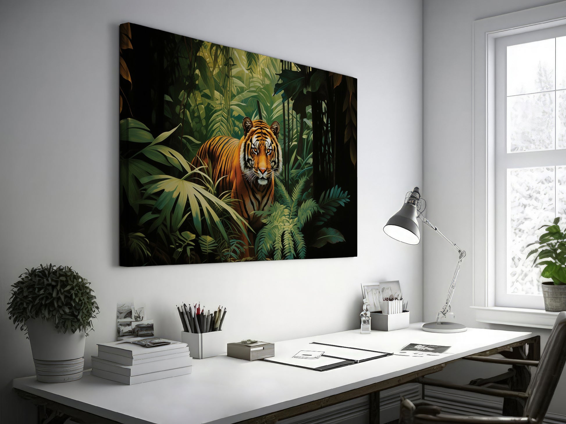 Framed canvas print of a majestic tiger amidst vibrant green tropical foliage