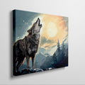 Framed canvas print of a howling wolf in a forest at sunset with orange and blue tones