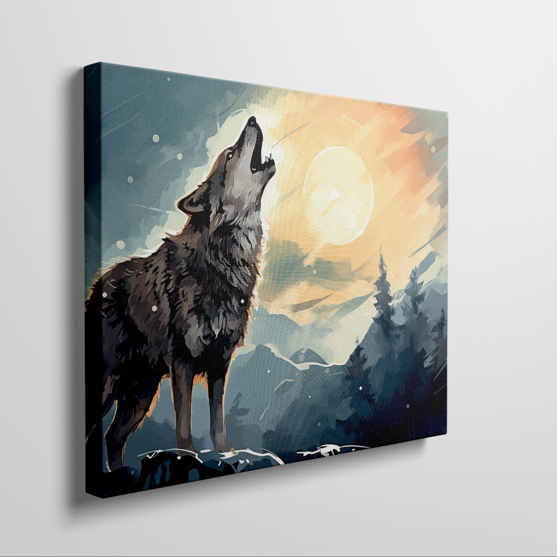 Framed canvas print of a howling wolf in a forest at sunset with orange and blue tones