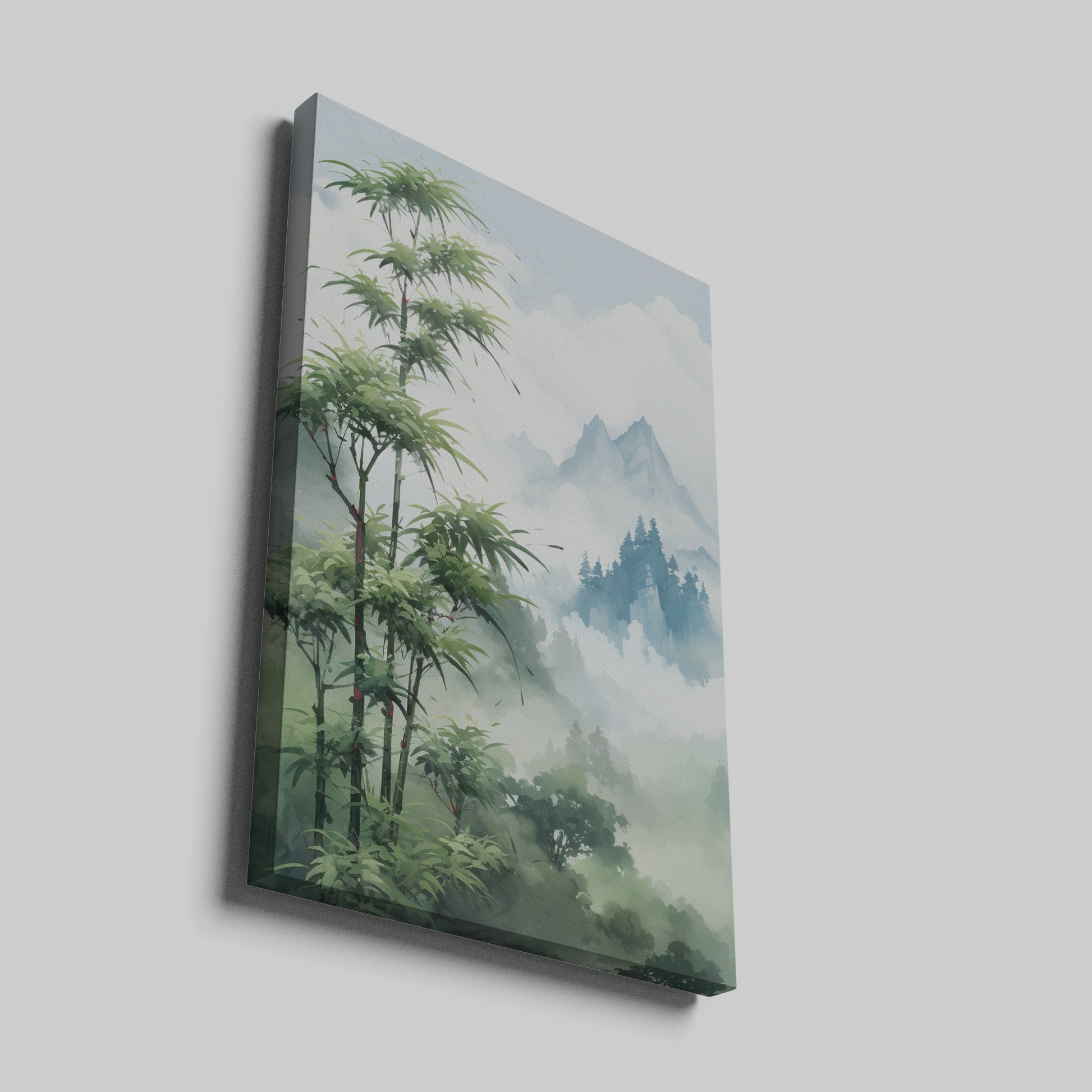 Framed canvas print of a misty bamboo forest with mountain peaks in the background