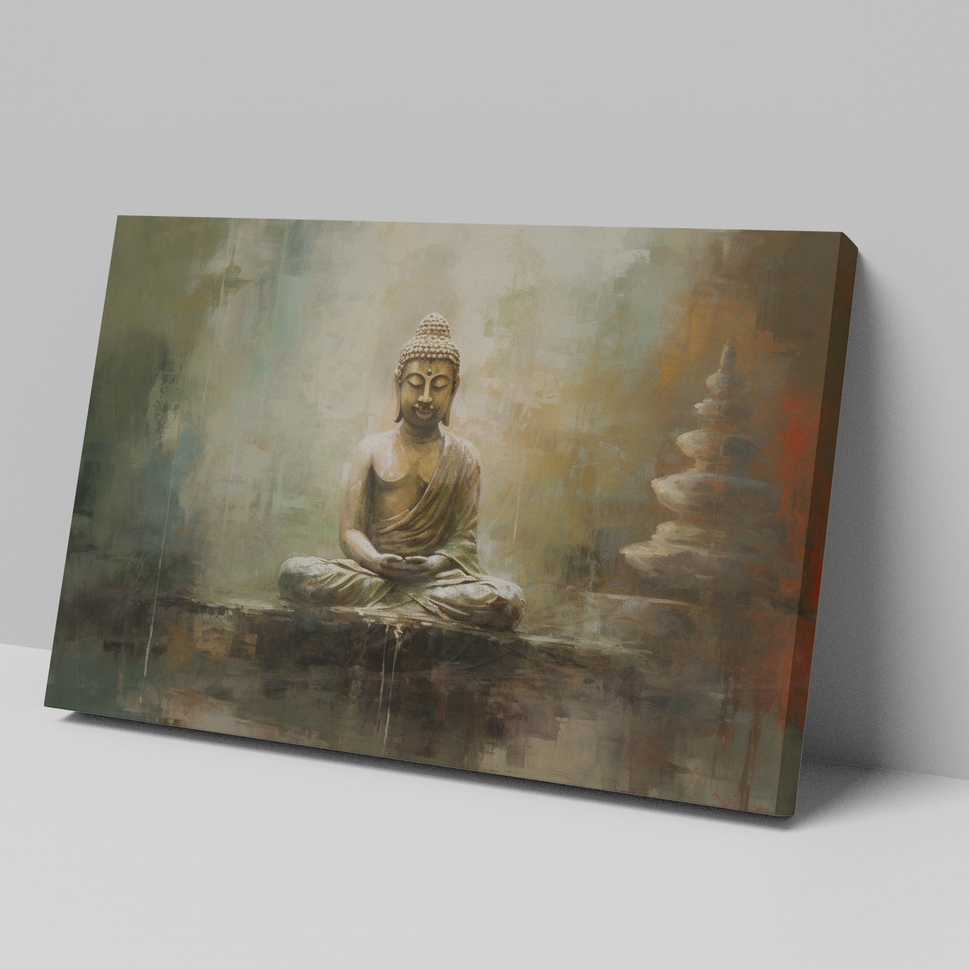 Framed canvas print of a serene Buddha with a gentle colour palette and textured finish